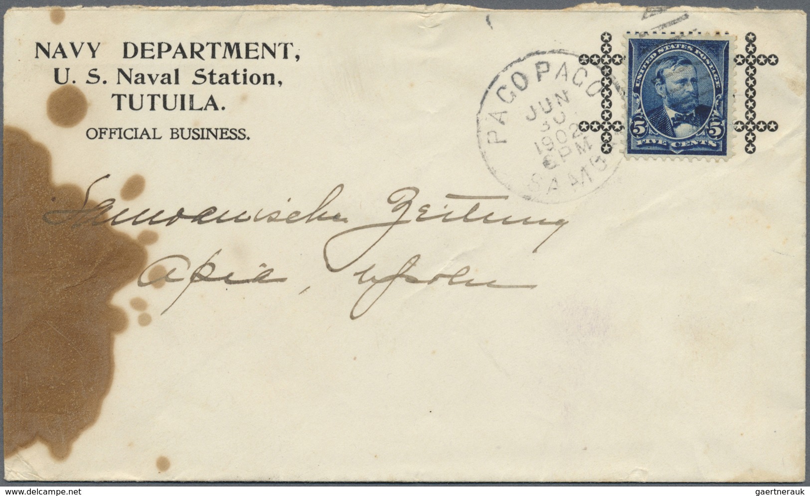 Br Samoa: 1902 Printed Cover From The "Navy Dept., U.S. Naval Station, TUTUILA' From Pago Pago To Apia - Samoa