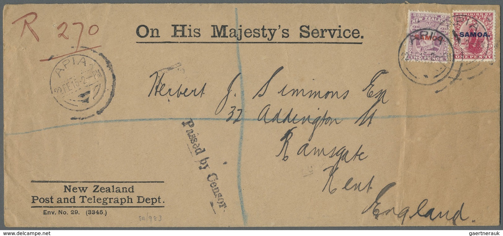 Br Samoa: 1915, Ovpt. On NZ 1d, 2 D Tied "APIA 22 FE 15" To OHMS Cover To England, Embossed "POST AND T - Samoa