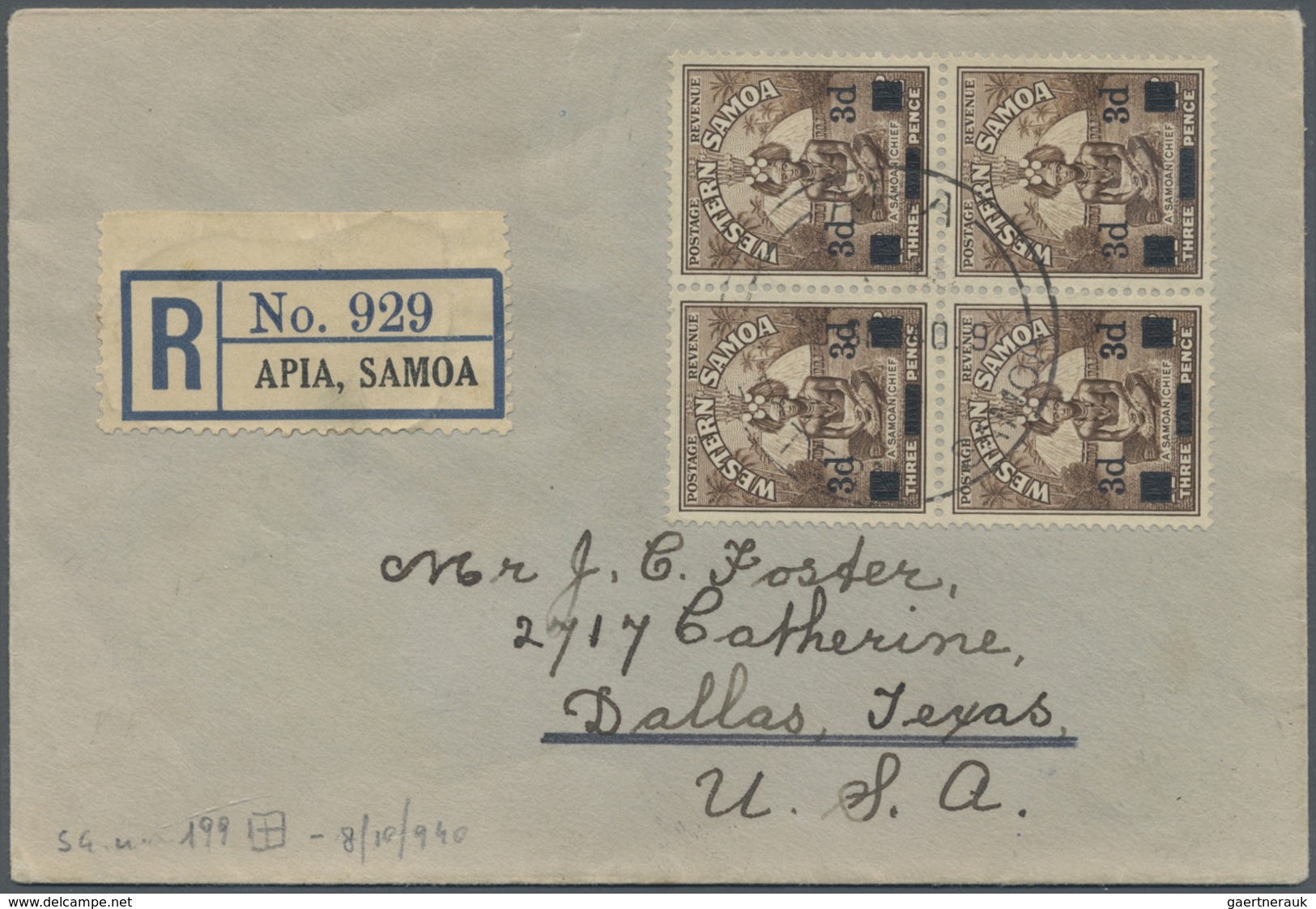 Br Samoa: 1940, 3d On 1 1/2 P Brown Block Of Four On Registered Cover From APIA To Dallas/USA - Samoa