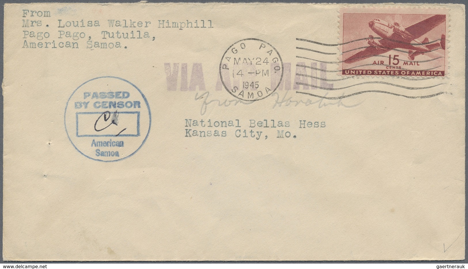 Br Samoa - Besonderheiten: 1945 (24.5.), Airmail Stamp 15c. Brown Carmine Single Use On Censored Airmai - Samoa