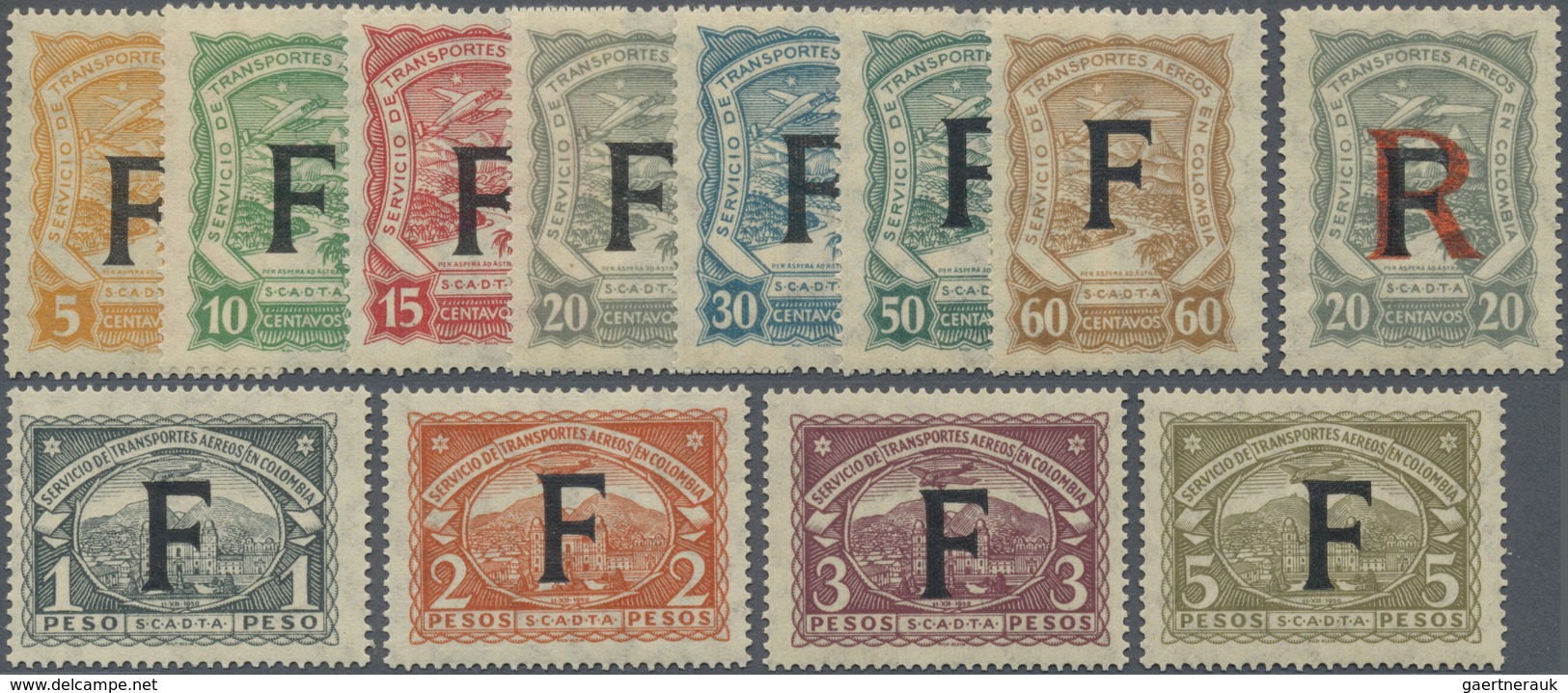 * SCADTA - Länder-Aufdrucke: 1923, FRANCE: Colombia Airmail Issue With Black Opt. 'F' Complete Set Of - Avions