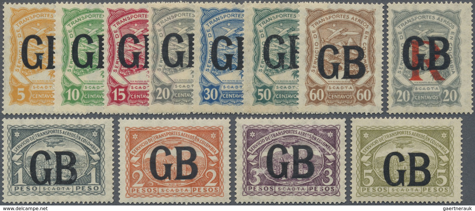 */(*) SCADTA - Länder-Aufdrucke: 1923, GREAT BRITAIN: Colombia Airmail Issue With Black Opt. 'GB' Complete - Avions