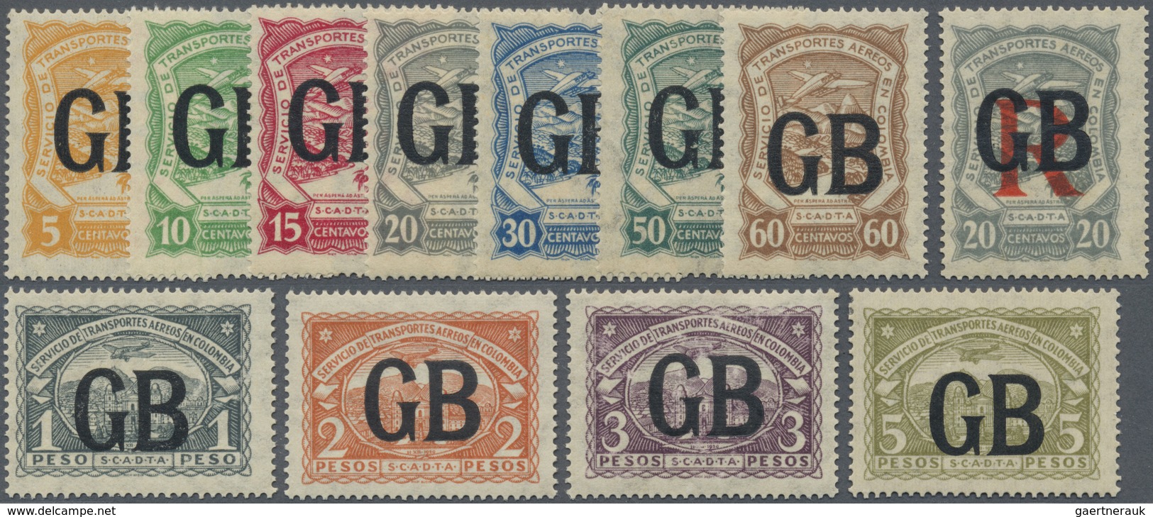 */(*) SCADTA - Länder-Aufdrucke: 1923, GREAT BRITAIN: Colombia Airmail Issue With Black Opt. 'GB' Complete - Avions