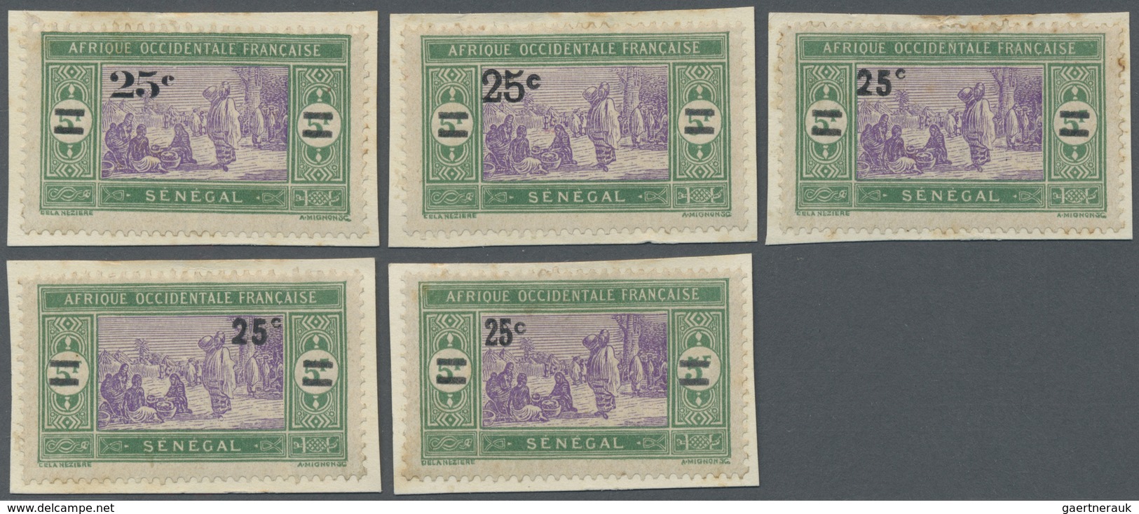 Brfst Senegal: 1922, 25 C. On 5 F. Green/violet Marketplace With Overprint, Five Different Overprint Types - Senegal (1960-...)