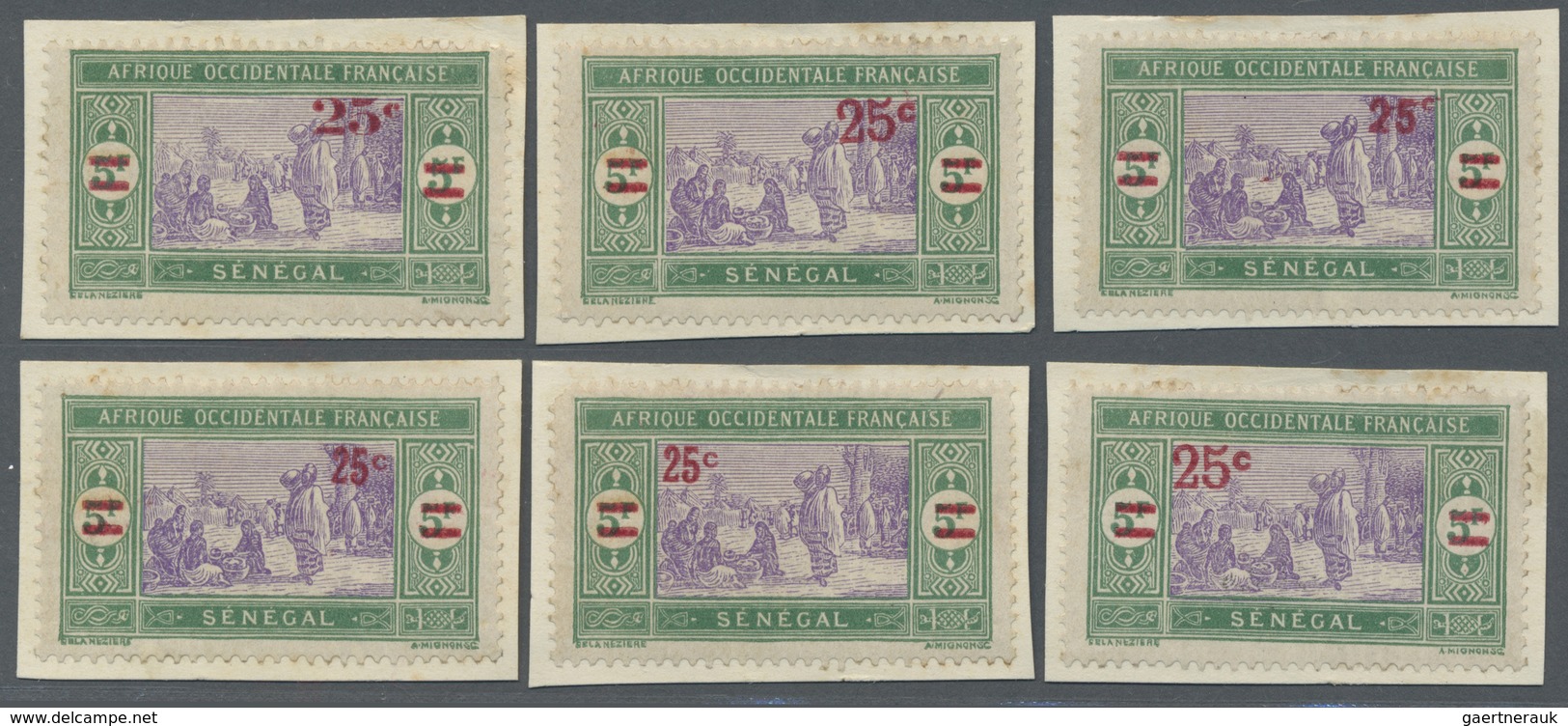 Brfst Senegal: 1922, 25 C. On 5 F. Green/violet Marketplace With Overprint, Six Different Overprint Types - Sénégal (1960-...)