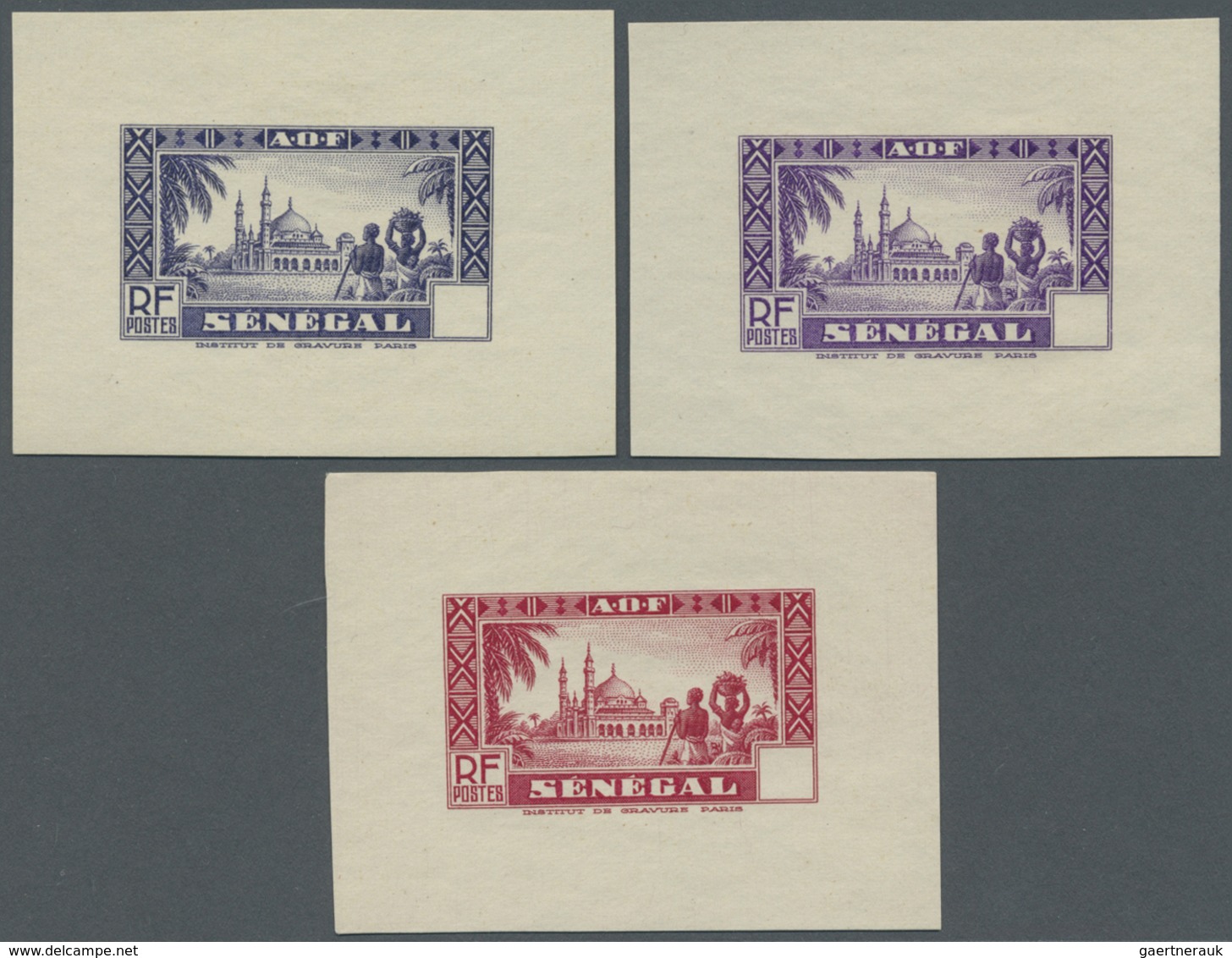 (*) Senegal: 1935/1940, Definitives "Djourbel Mosque", Group Of Nine Single Die Proofs In Different Colo - Senegal (1960-...)