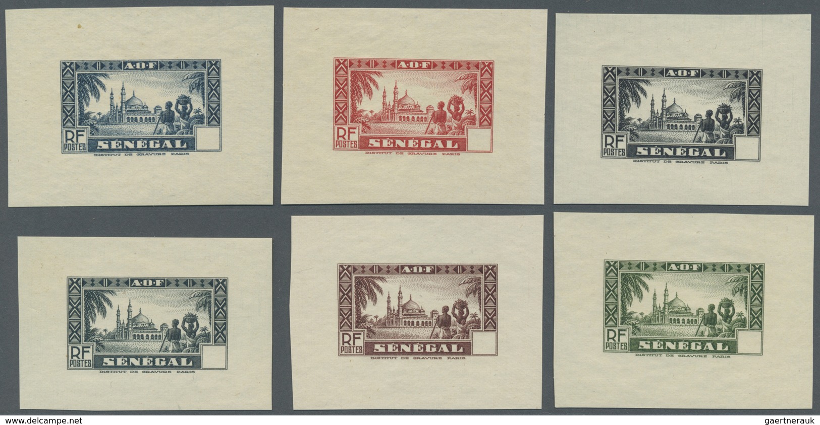 (*) Senegal: 1935/1940, Definitives "Djourbel Mosque", Group Of Nine Single Die Proofs In Different Colo - Sénégal (1960-...)