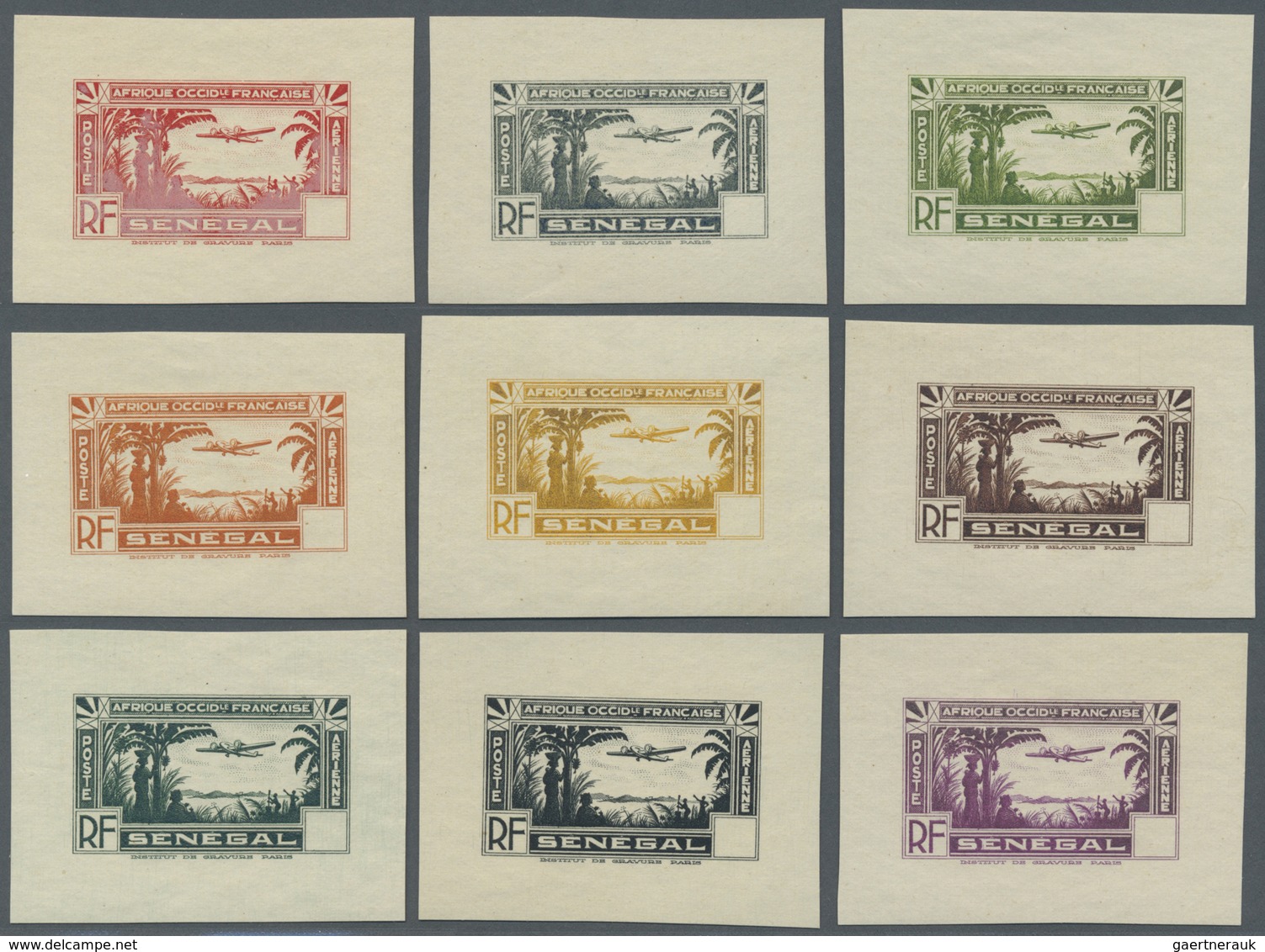 (*) Senegal: 1935, Airmails "Plane And Landscape", Group Of Nine Single Die Proofs In Different Colours - Senegal (1960-...)