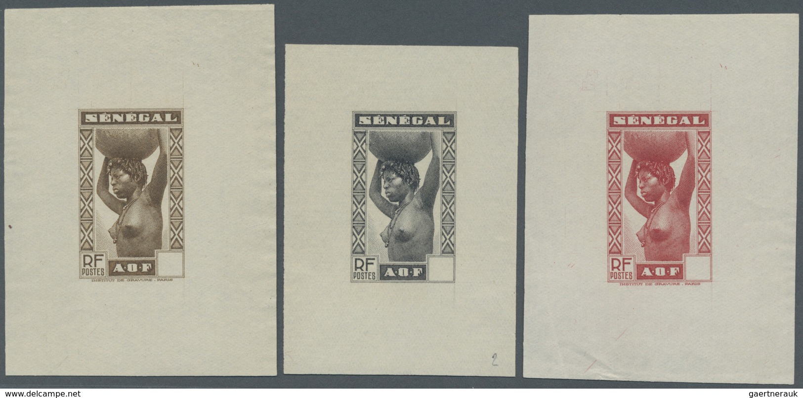 (*) Senegal: 1938, Definitives "Senegalese Woman", Group Of Nine Single Die Proofs In Different Colours, - Senegal (1960-...)
