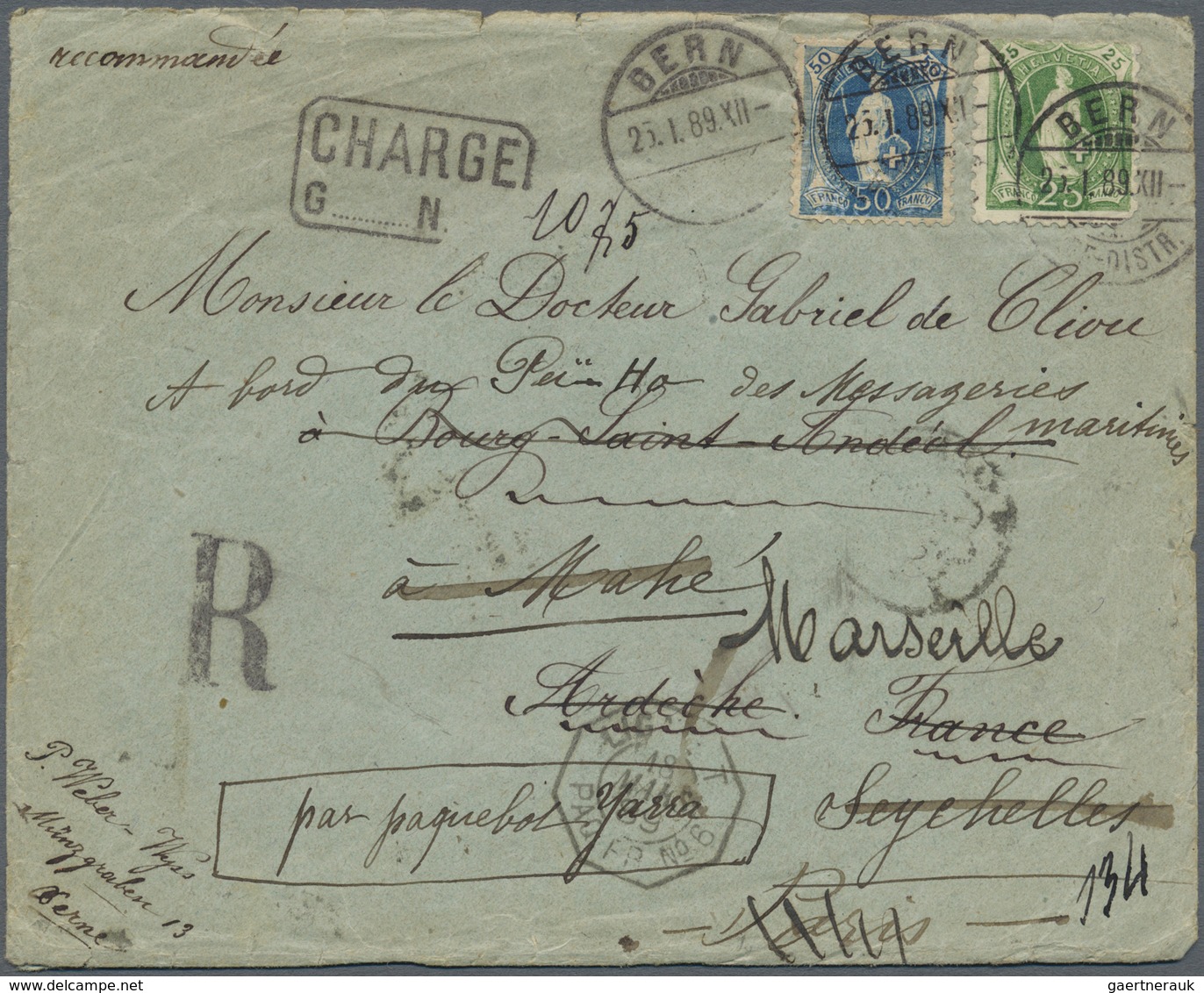 Br Seychellen: 1889. Registered And Charged Envelope To France Bearing Yvert 76, 50c Blue And Yvert 82, - Seychellen (...-1976)
