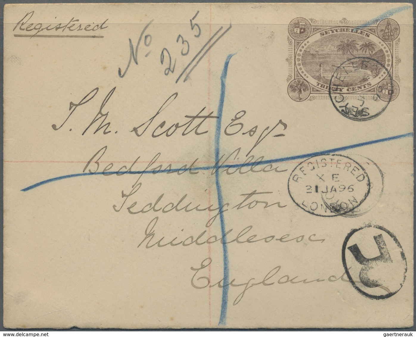 GA Seychellen: 1896, Thirty Cents Brown Postal Stationery Registered Cover To England - Seychellen (...-1976)