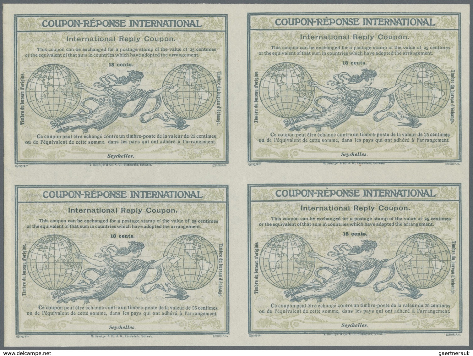 GA Seychellen: Design "Rome" 1906 International Reply Coupon As Block Of Four 18 C. Seychelles. This Bl - Seychellen (...-1976)