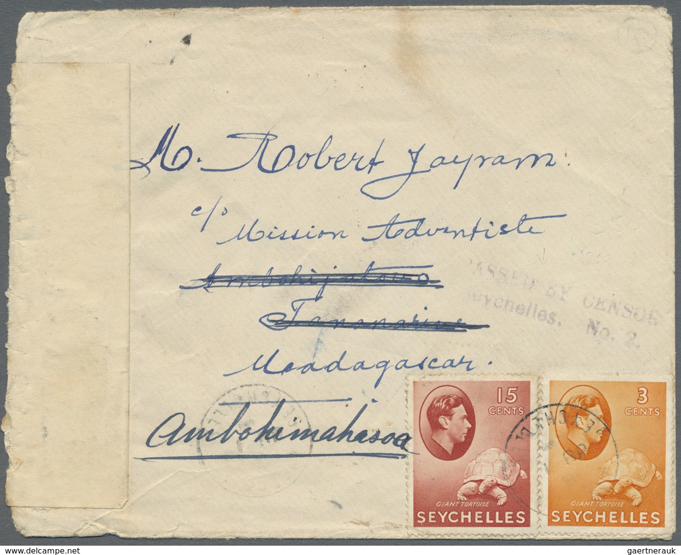 Br Seychellen: 1942. Envelope Addressed To Madagascar Bearing SG 136a, 3c Orange And SG 139a, 15c Carmi - Seychelles (...-1976)