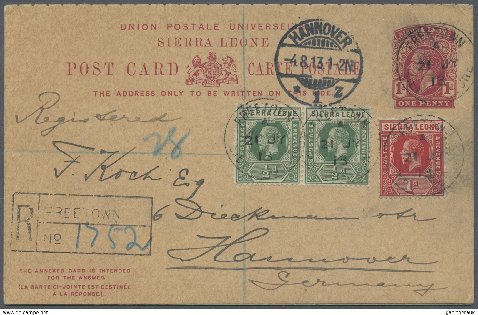 GA Sierra Leone: 1913, 1d. + 1d. Red 'King George V' With Reply, Registered "FREETOWN 3 AU 13", Uprated - Sierra Leone (1961-...)