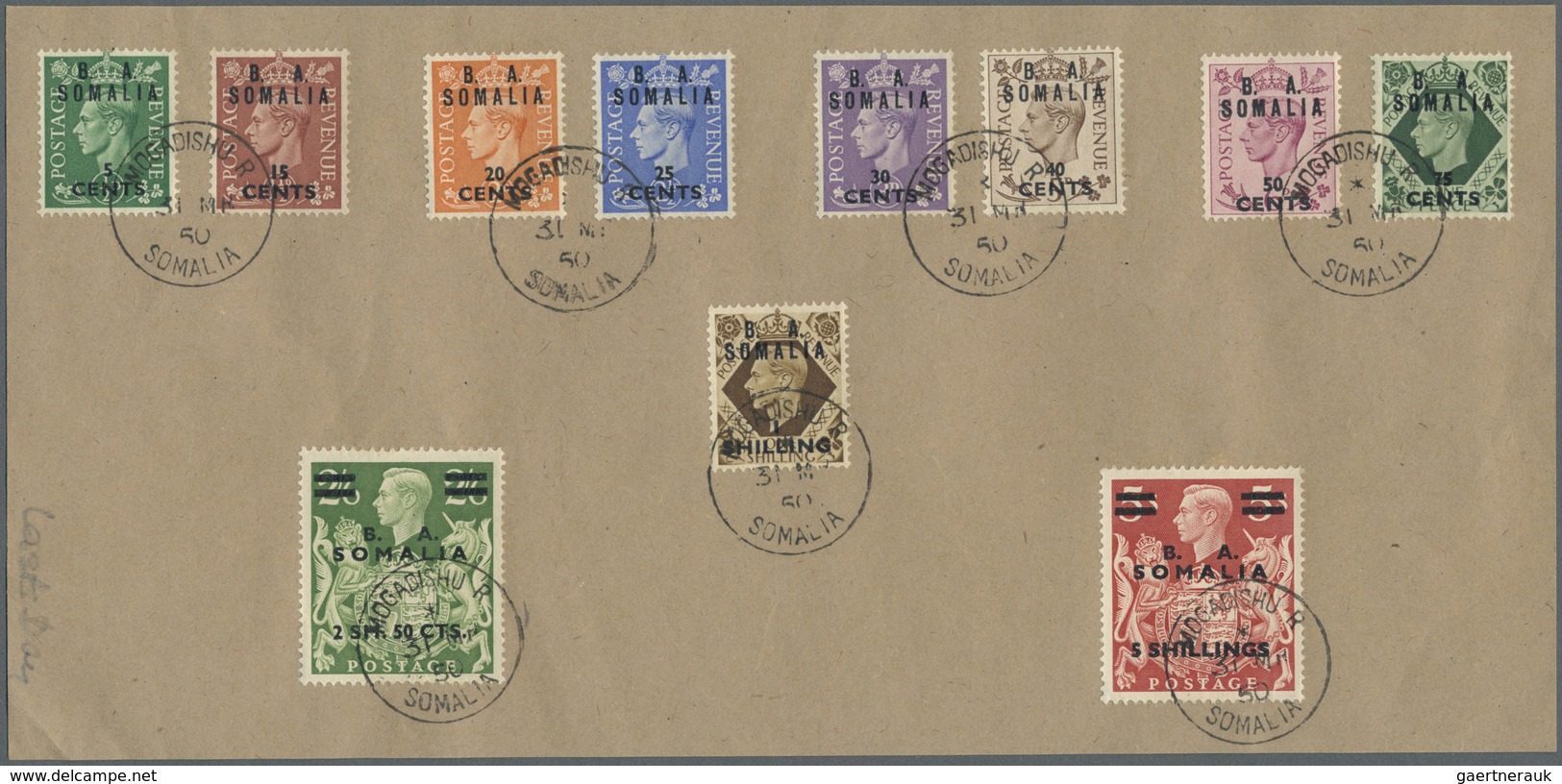 Brfst Somalia: 1950 Complete Set Of 11 Stamps Optd. "B. A./SOMALIA" And New Currency, Tied By Fine Strikes - Somalië (1960-...)