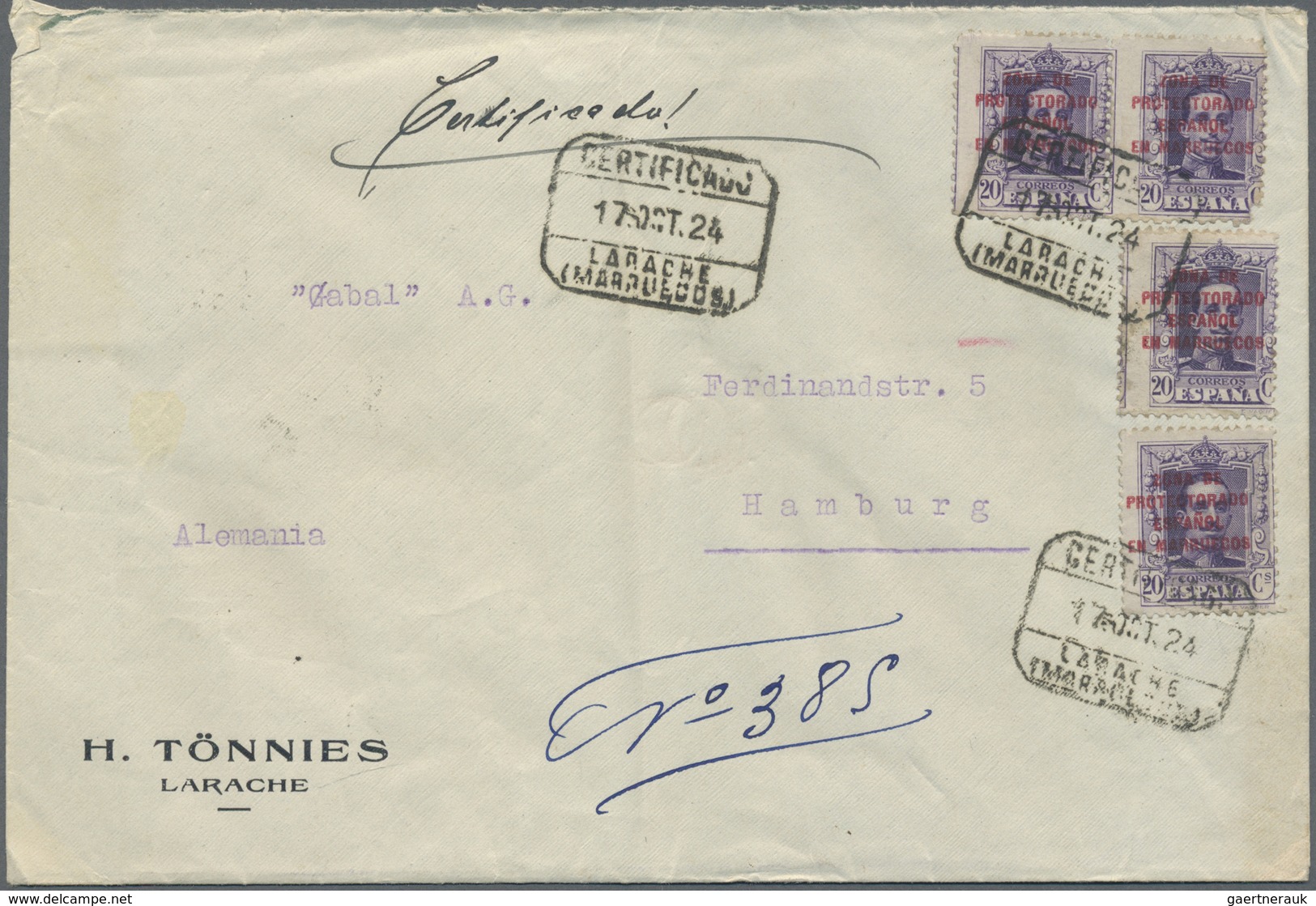 Br Spanisch-Marokko: 1924, Registered Letter 4 Pieces Ot 20 C. With Red Overprint, One Stamp Corner Fau - Maroc Espagnol