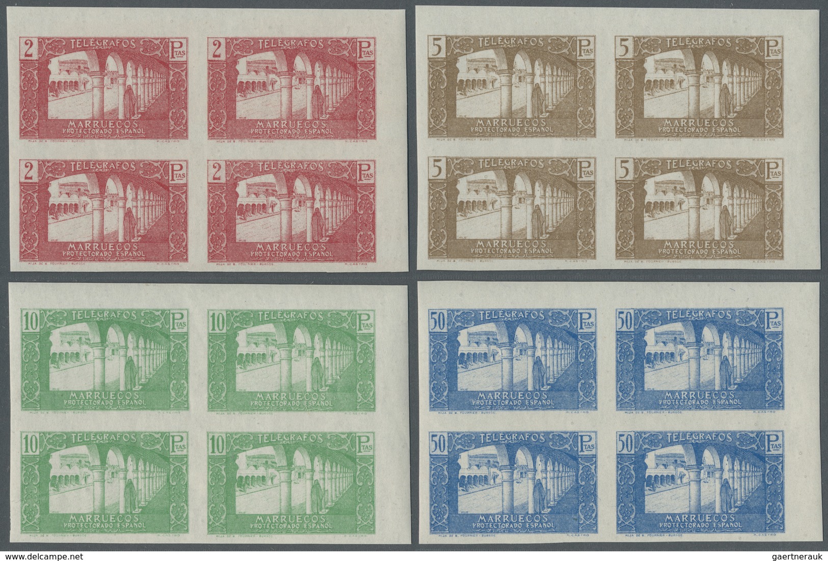 ** Spanisch-Marokko: 1938: Telegraphs: Block Of Four Imperforate And Edge Of Sheet. Great Quality. Edif - Maroc Espagnol