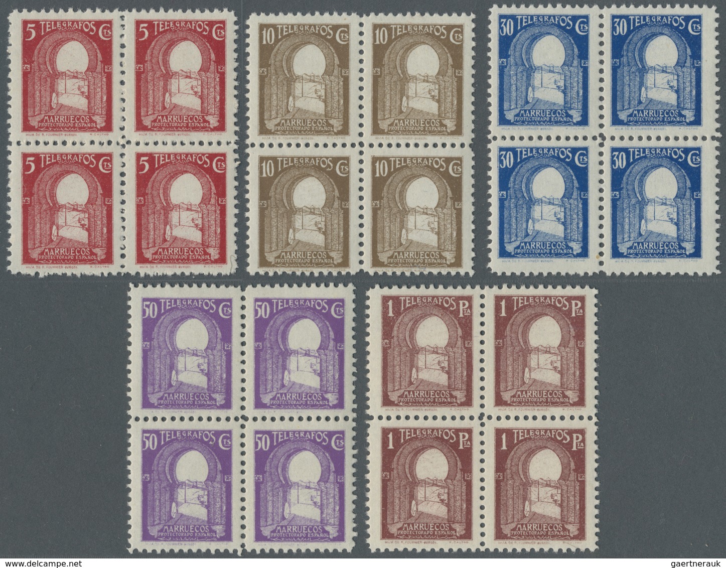 ** Spanisch-Marokko: 1938: Telegraphs. Block Of Four. Great Quality, 50 Ptas With Light Fox Spots. Edif - Spaans-Marokko