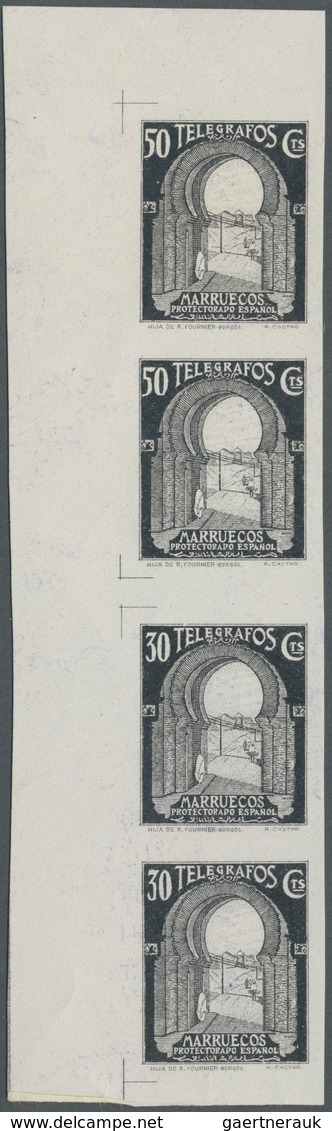 (*) Spanisch-Marokko: 1938: Telegraphs, Imperforated Proof In Different Color, Strip Of Four, 2 X 50 Cts - Maroc Espagnol