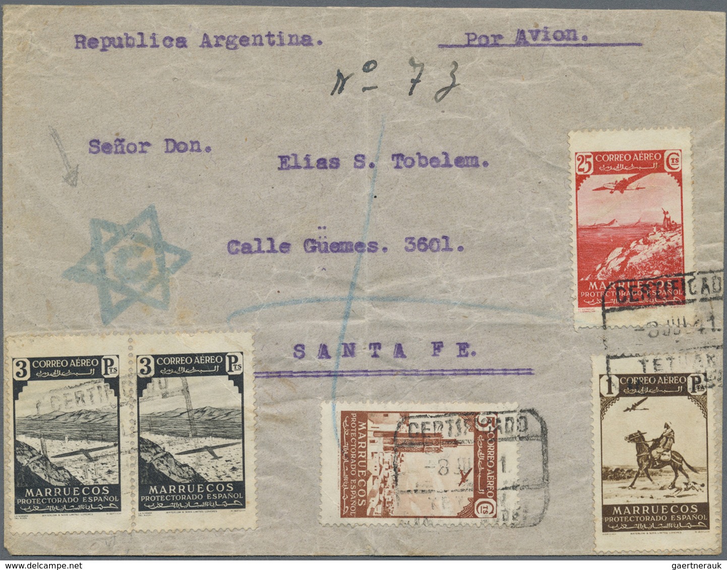 Br Spanisch-Marokko: 1941 Airmail Cover From Tetuan To Santa Fe, ARGENTINA Franked By 1938 Air 3p. Pair - Spaans-Marokko