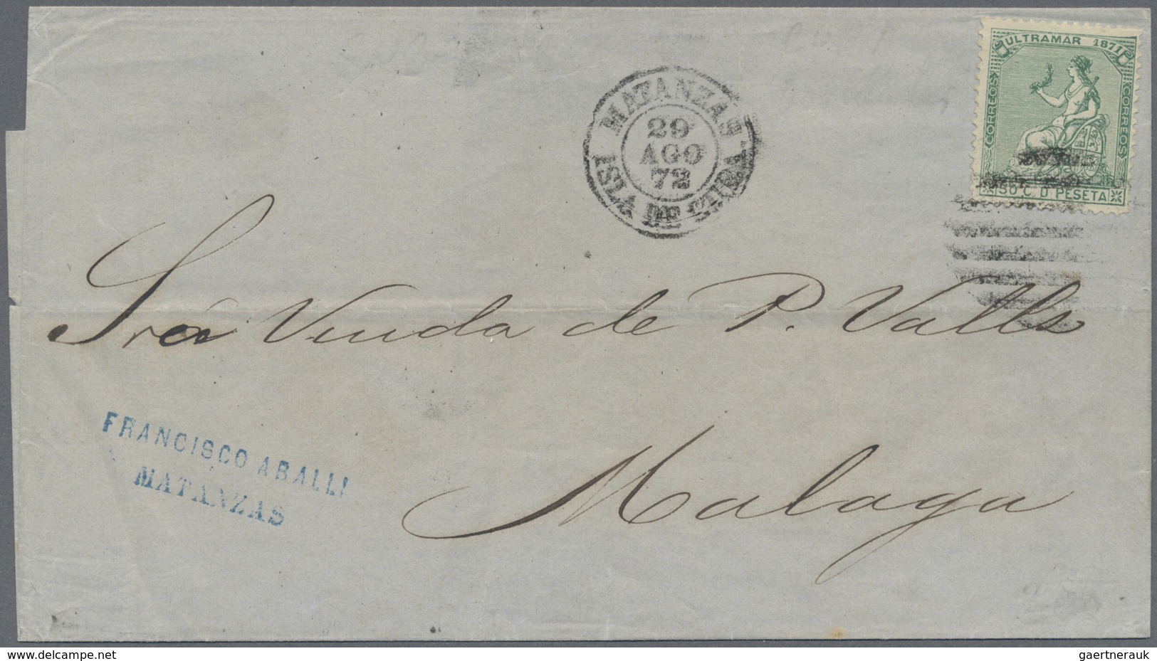 Br Spanisch-Westindien: 1872, Very Fine Entire Letter Bearing 50 C Green Tied By Barr-cancel And "MATAN - Aguera