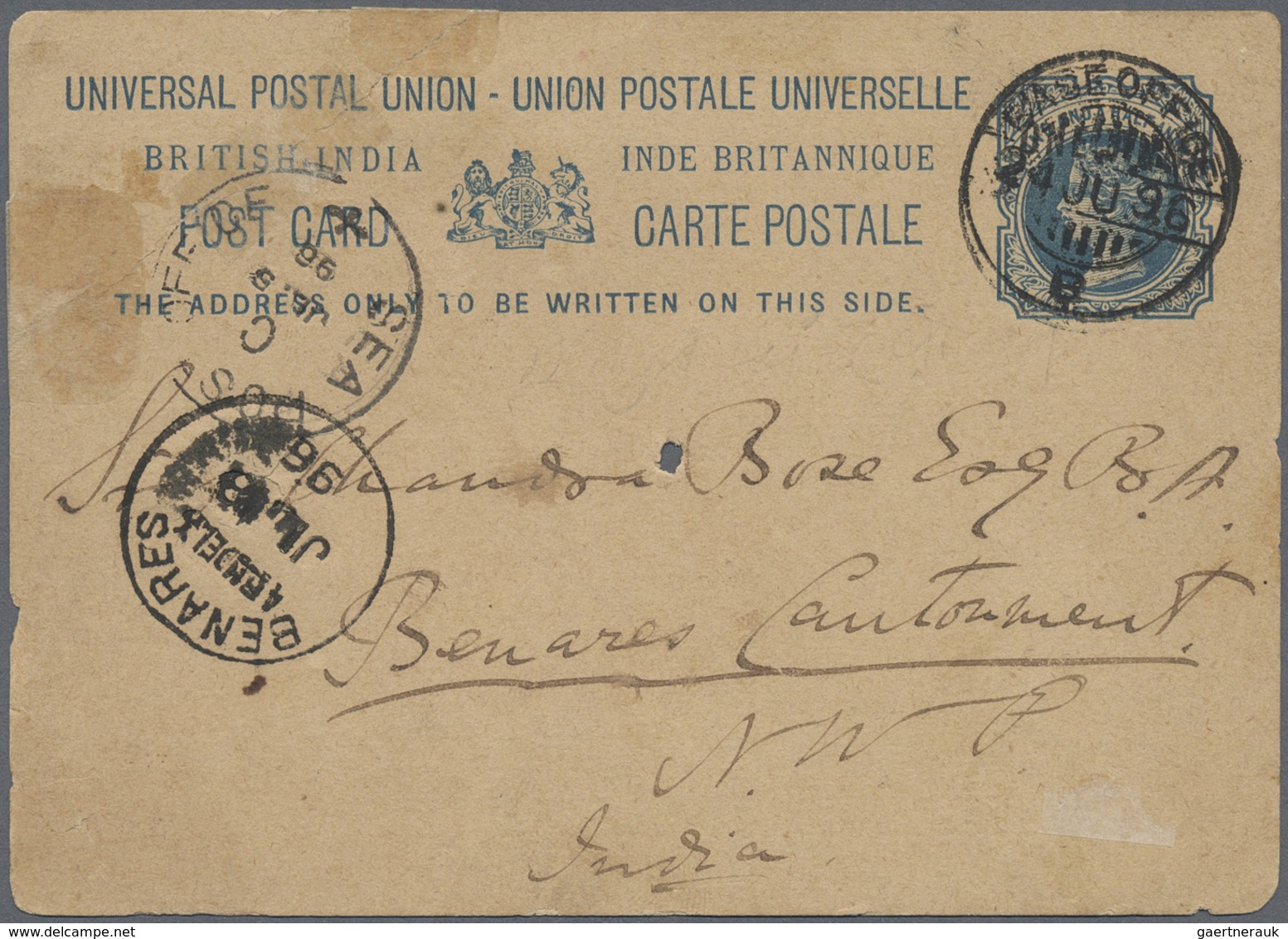 GA Sudan: 1896. Indian Postal Stationery Envelope 1½a Blue Written From Suakim Dated '24th June 96' Can - Soudan (1954-...)