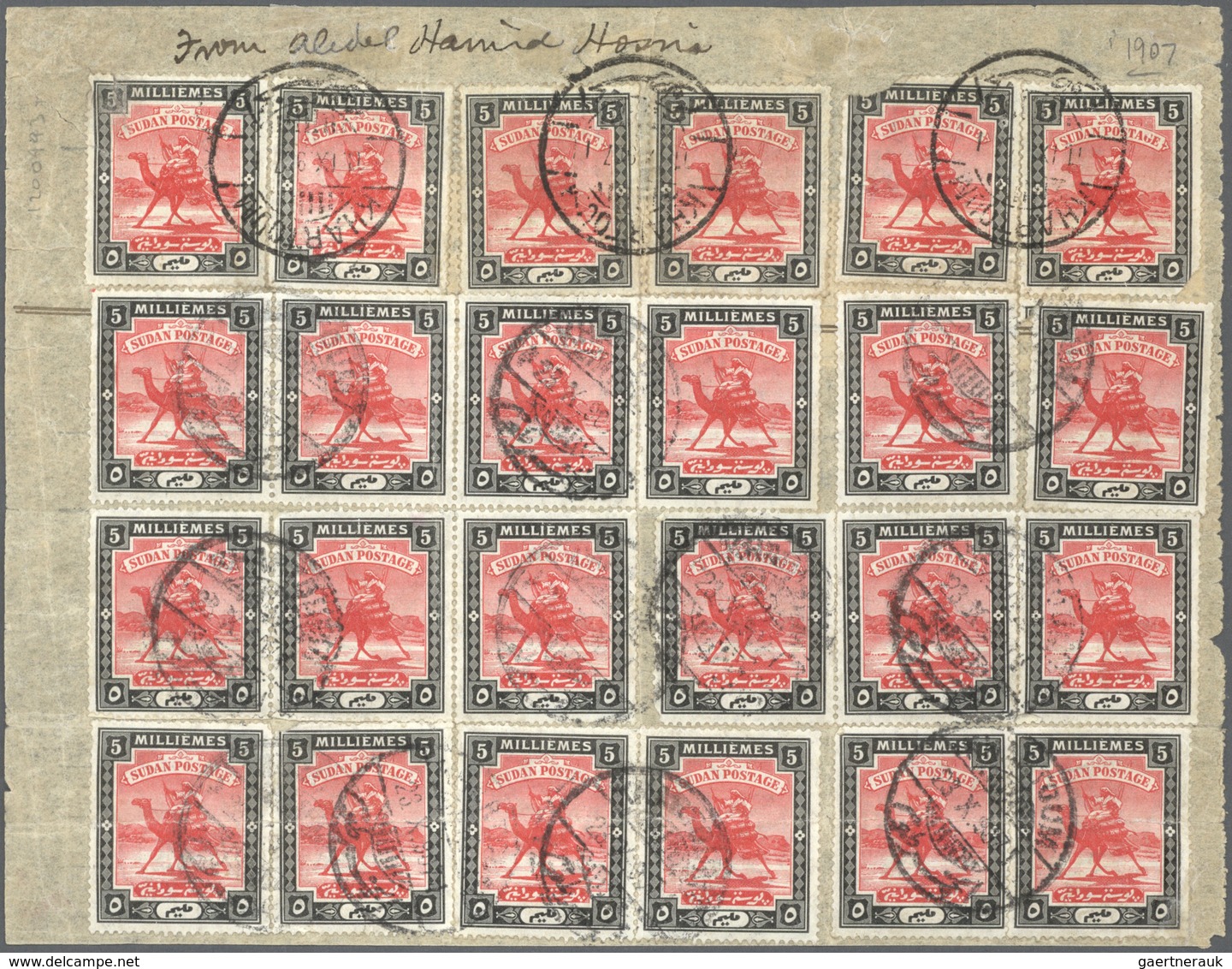 Br Sudan: 1902, TELEGRAM Bearing Blocks Of Totally 26(!) Stamps Camel-rider 5 Mil And One 2 Mil With Ca - Sudan (1954-...)