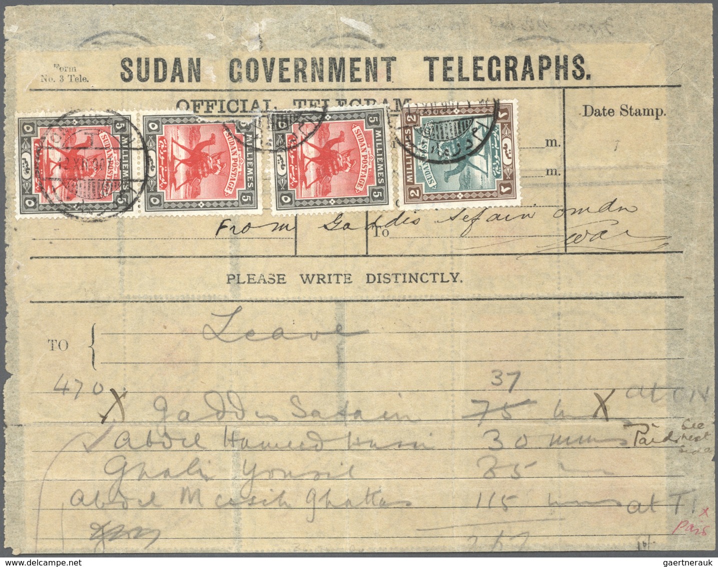 Br Sudan: 1902, TELEGRAM Bearing Blocks Of Totally 26(!) Stamps Camel-rider 5 Mil And One 2 Mil With Ca - Soedan (1954-...)