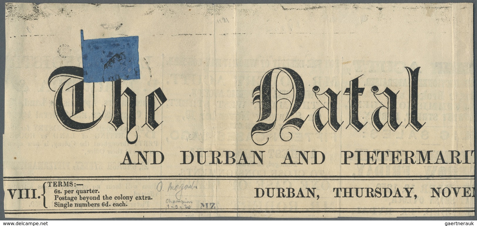 Br Natal: 1859, Folded Upper Part Title Page Of Newspaper 'The Natal Mercury' (Nov. 17, 1859) Bearing E - Natal (1857-1909)