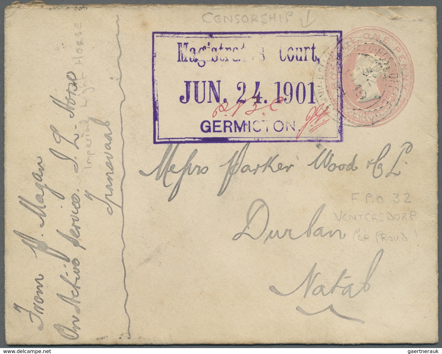 GA Transvaal - Besonderheiten: 1901, Ventersdorp: Envelope UK 1d Used As FP0 Cover Canc. F.P.O. 32 JY 1 - Transvaal (1870-1909)