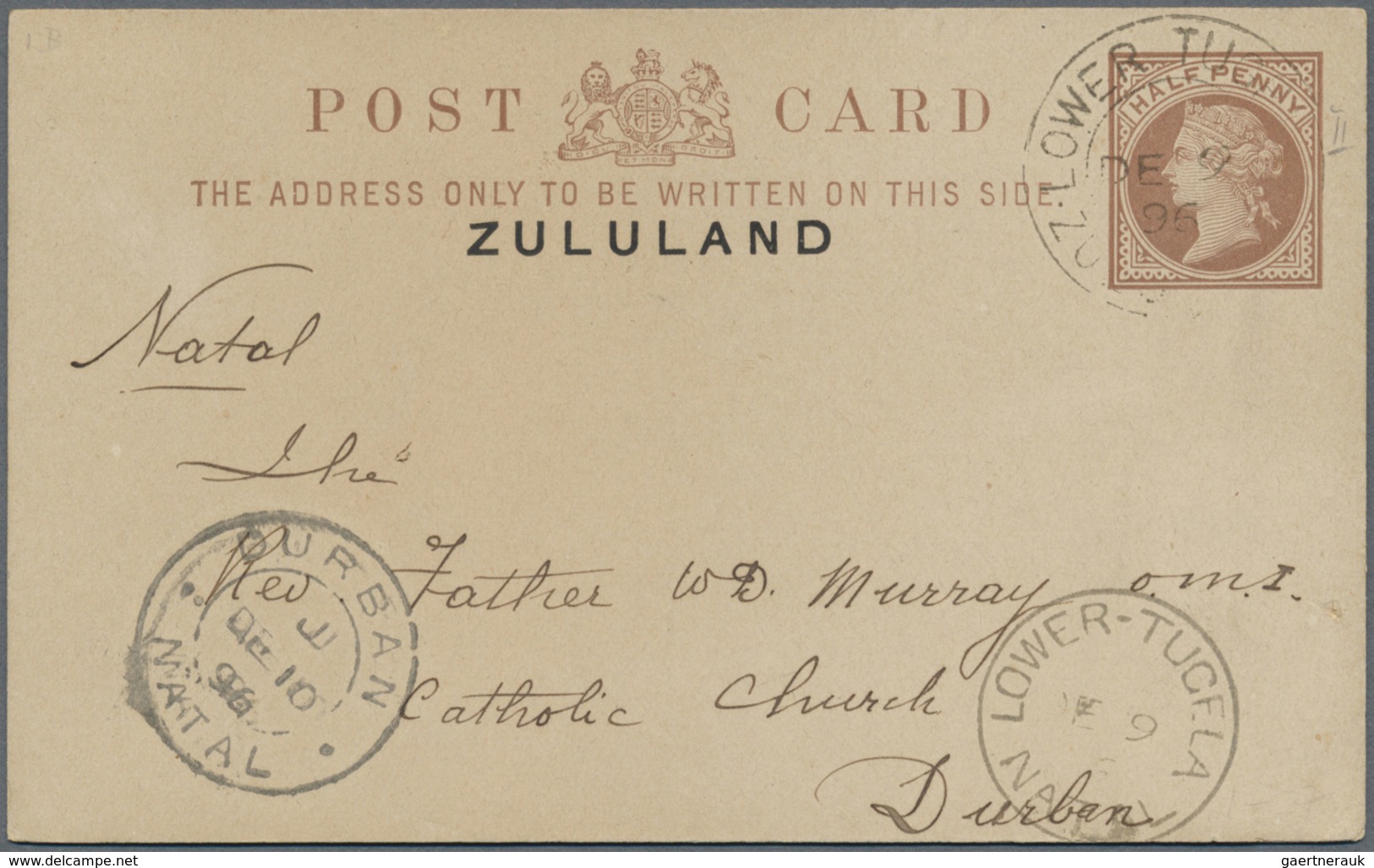 GA Zululand: 1896, 1/2 D Brown QV Postal Stationery Card With Double Circle Dater LOWER TUGELA / ZULULA - Zululand (1888-1902)