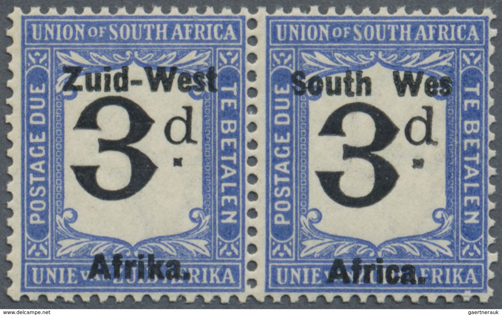 ** Südwestafrika - Portomarken: 1923, 3d. Black And Blue, Horiz. Pair Showing Variety "Wes For West", B - Zuidwest-Afrika (1923-1990)