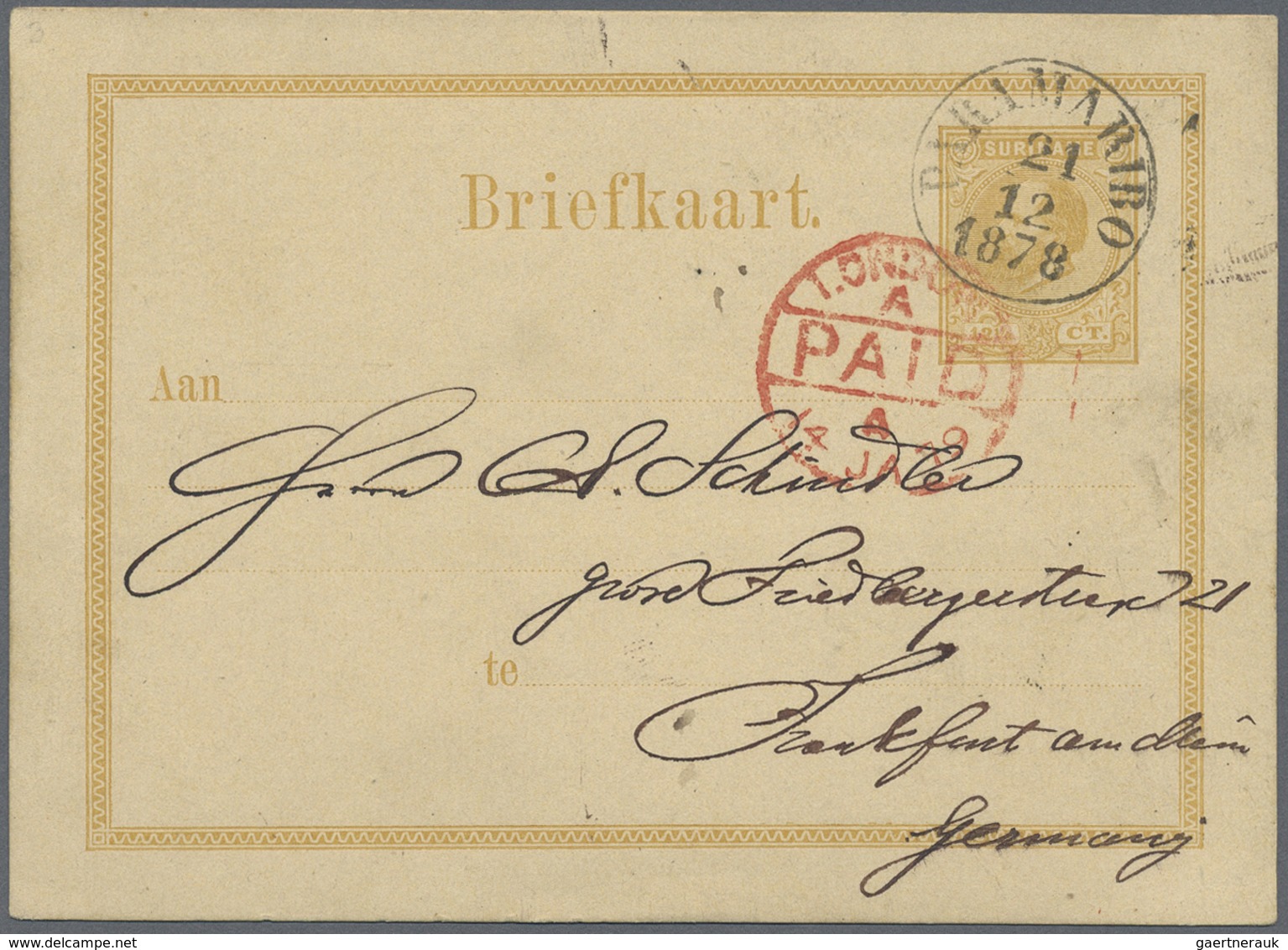 GA Surinam: 1878, 12 1/2 C Yellow Postal Stationery Card From PARAMARIBO, 21.12.1878, Via Transit Londo - Suriname ... - 1975