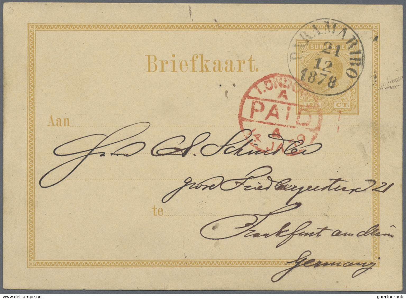 GA Surinam: 1878, 12 1/2 C Yellow Postal Stationery Card From PARAMARIBO, 21.12.1878, Via Transit Londo - Surinam ... - 1975