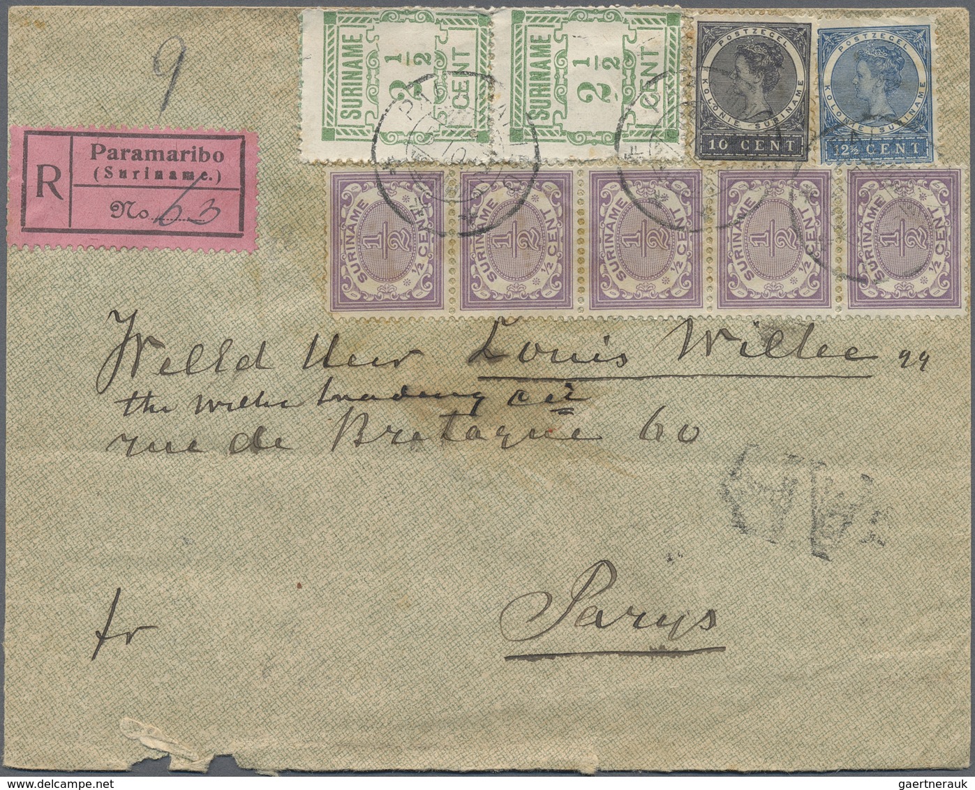 Br Surinam: 1912. Registered Advice Of Receipt Mail Addressed To France Bearing Yvert 41, ½c Violet (5) - Surinam ... - 1975