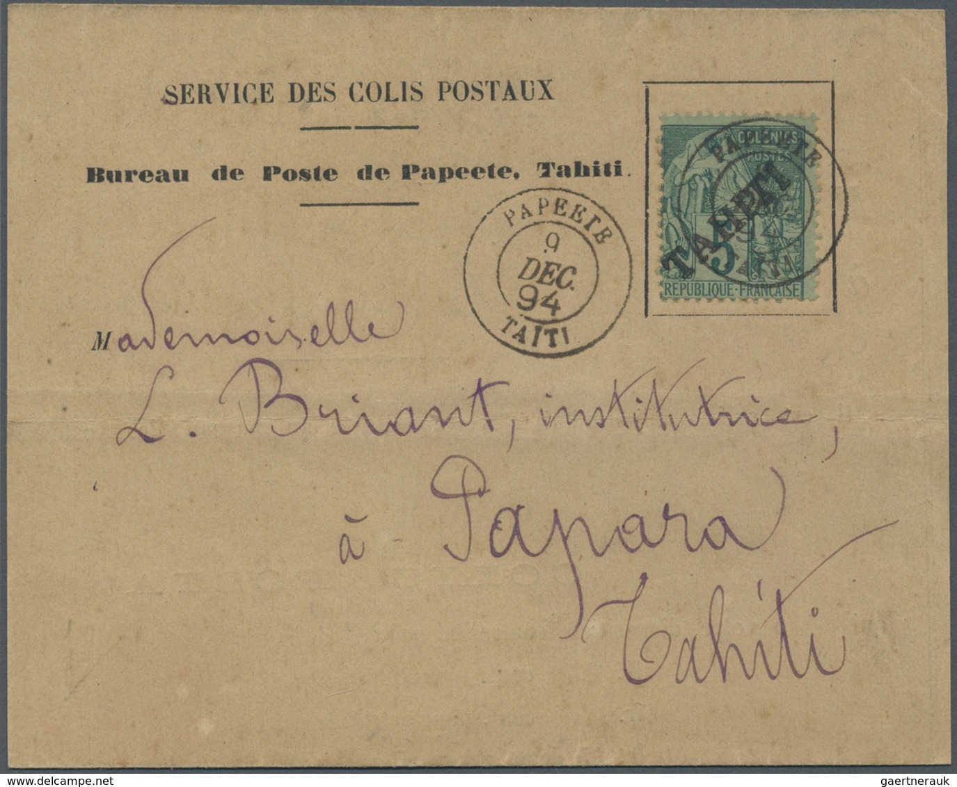 Br Tahiti: 1894. Folded Letter Sheet Headed 'Service Des Colis Postaux' Addressed To Papara Bearing Tah - Tahiti