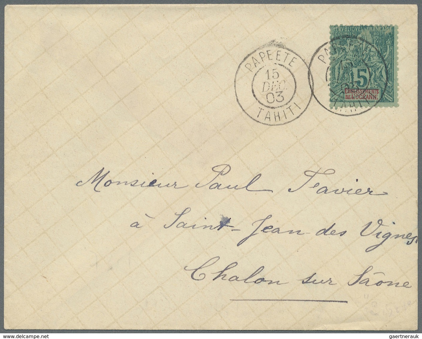 Br Tahiti: 1903. Envelope To France Bearing Oceanie Yvert 4, 5c Green Tied By Papeete Tahiti Double Rin - Tahiti