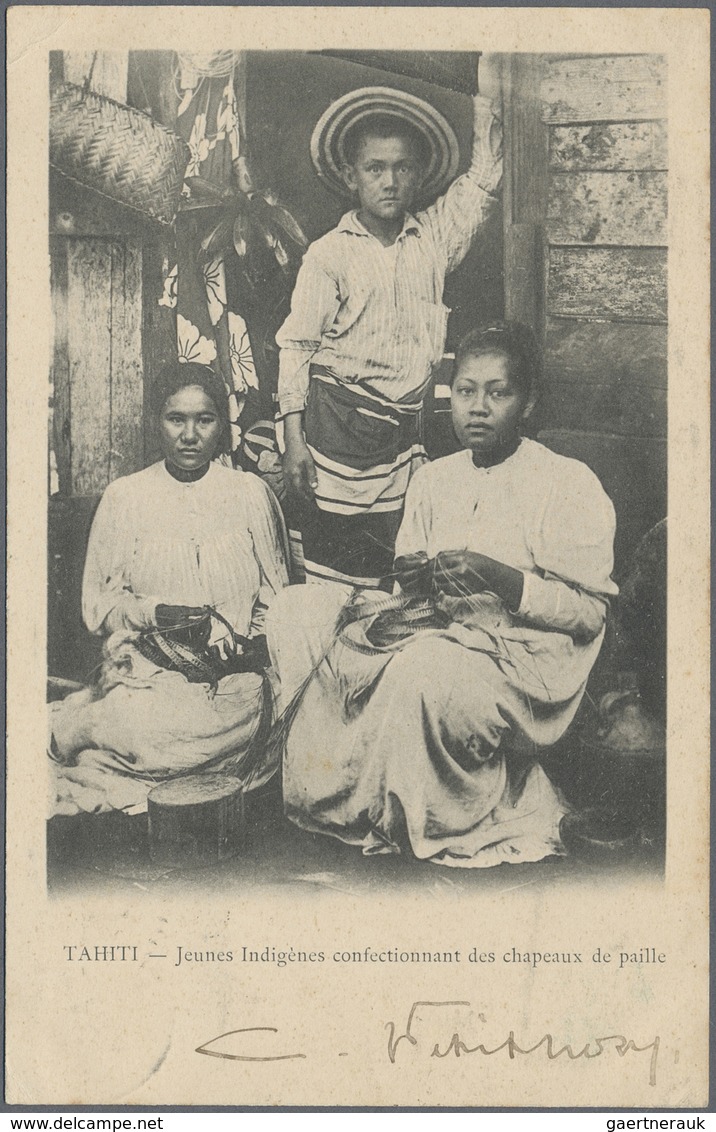 Br Tahiti: 1903. Picture Post Card Of 'Jeunes Indigenes Confectionnant Des Chapeaux De Paille' Addresse - Tahiti