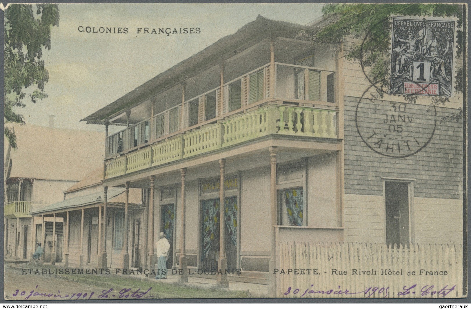 Br Tahiti: 1905. Picture Post Card Addressed To France Of 'Rue Rivoli Hotel De France, Papeete' Bearing - Tahiti