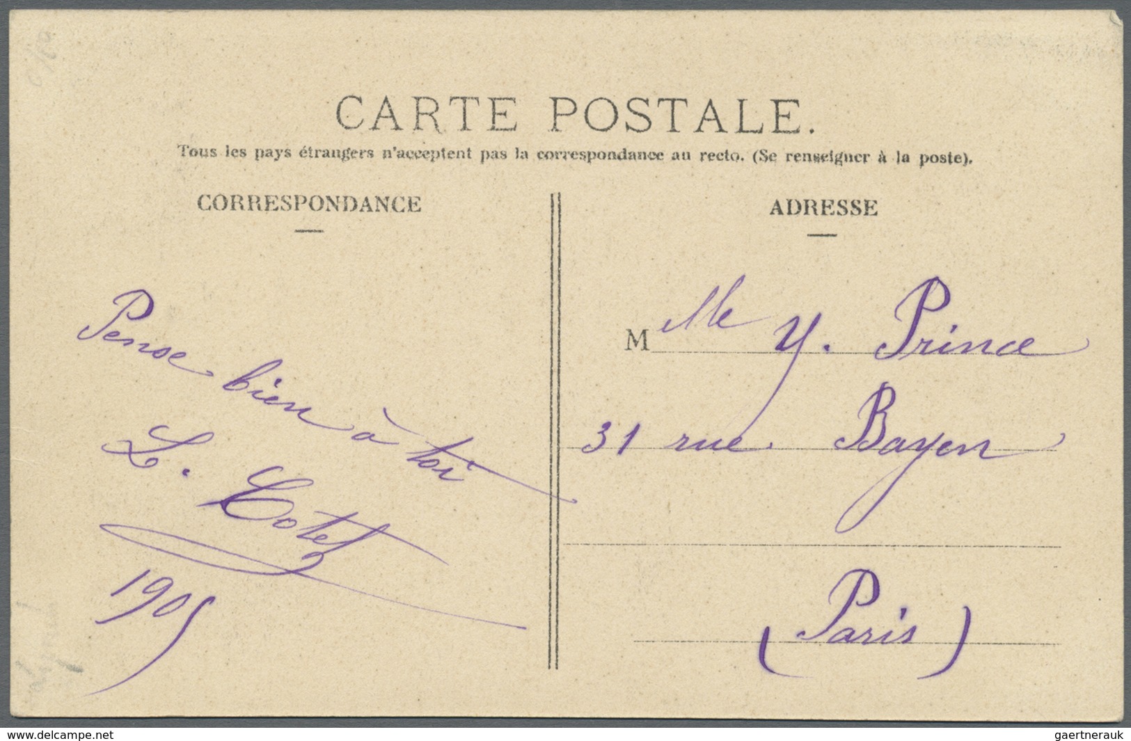 Br Tahiti: 1905. Picture Post Card Addressed To France Of 'Rue Rivoli Hotel De France, Papeete' Bearing - Tahiti