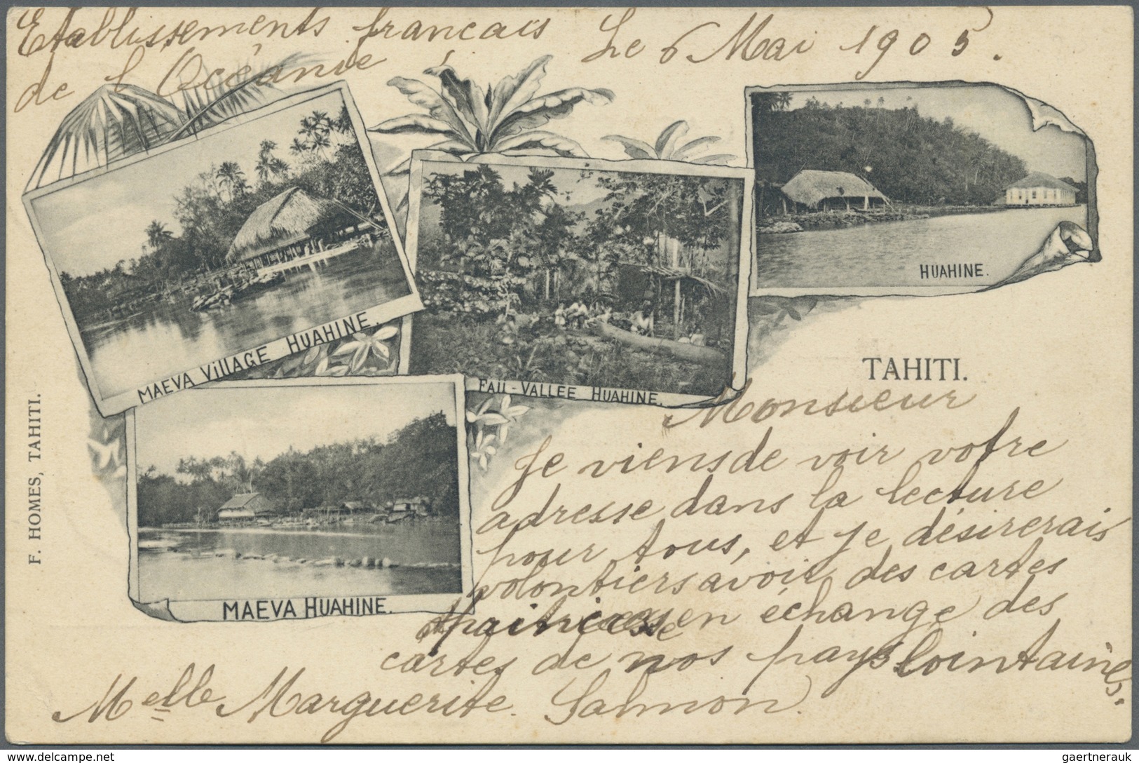 Br Tahiti: 1905. Multi Scene Picture Post Card Of 'Maeva, Huahine' Addressed To France Bearing Oceanie - Tahiti