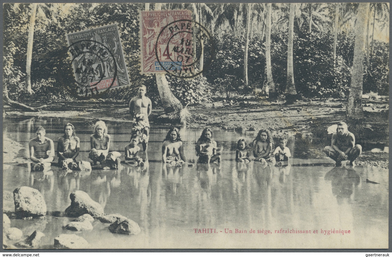 Br Tahiti: 1906. Picture Post Card Of 'Native Bathers’ Addressed To France Bearing Oceanie Yvert 1, 1c - Tahiti