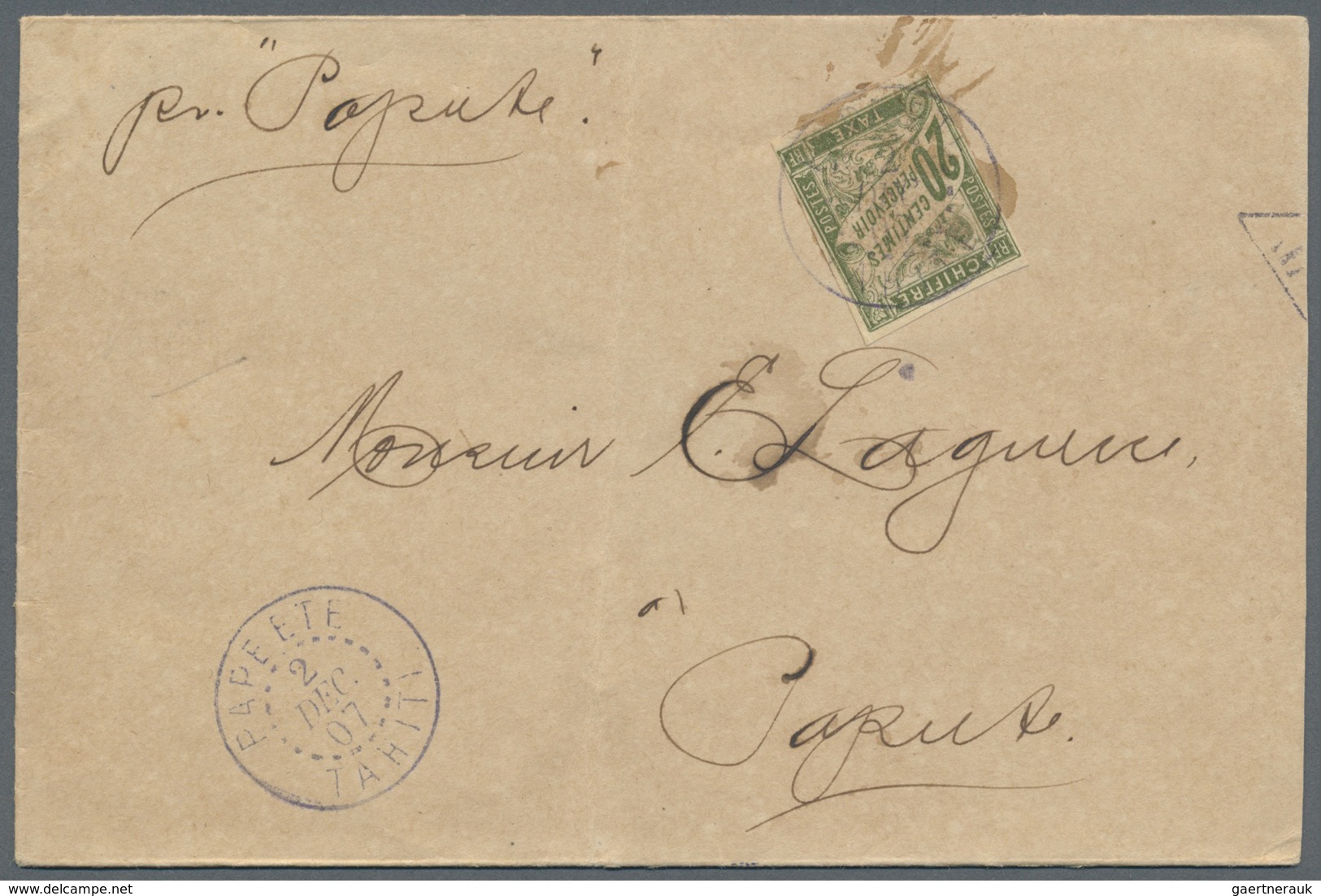 Br Tahiti: 1907. Unpaid Envelope Front The Cook Islands (right Side Shorthend, Vertical Fold) Addressed - Tahiti