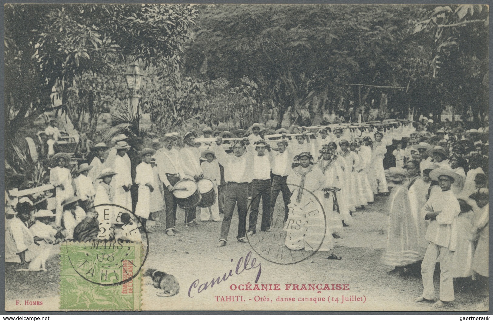 Br Tahiti: 1908. Picture Post Card Addressed To France Of 'Otea, Dance Canaque' Bearing Oceanie Yvert 1 - Tahiti