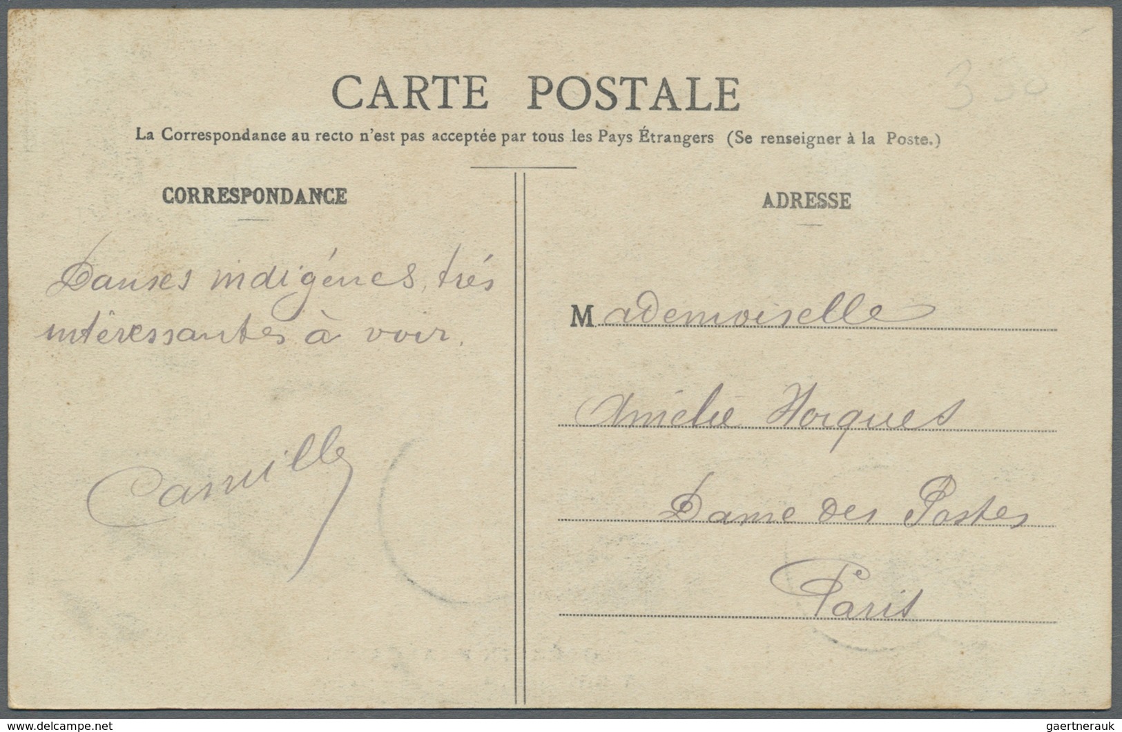 Br Tahiti: 1908. Picture Post Card Addressed To France Of 'Otea, Dance Canaque' Bearing Oceanie Yvert 1 - Tahiti