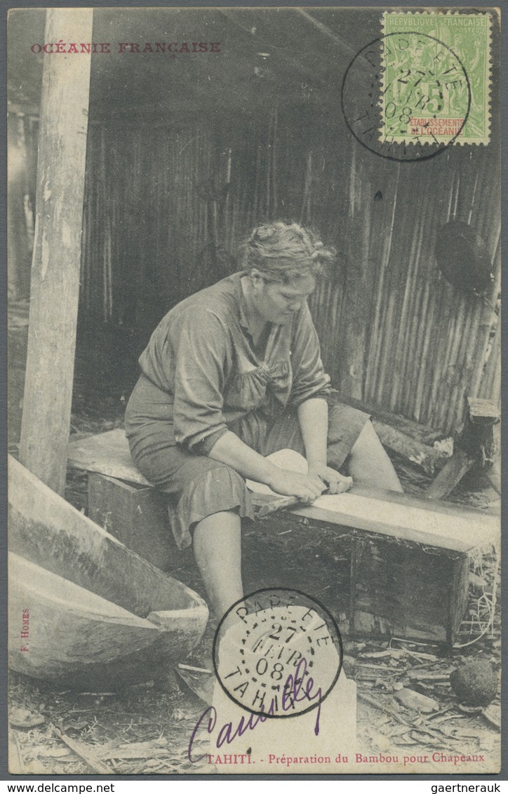 Br Tahiti: 1908. Picture Post Card Addressed To France Of 'Preparation Du Bambou Pour Chapeaux' Bearing - Tahiti