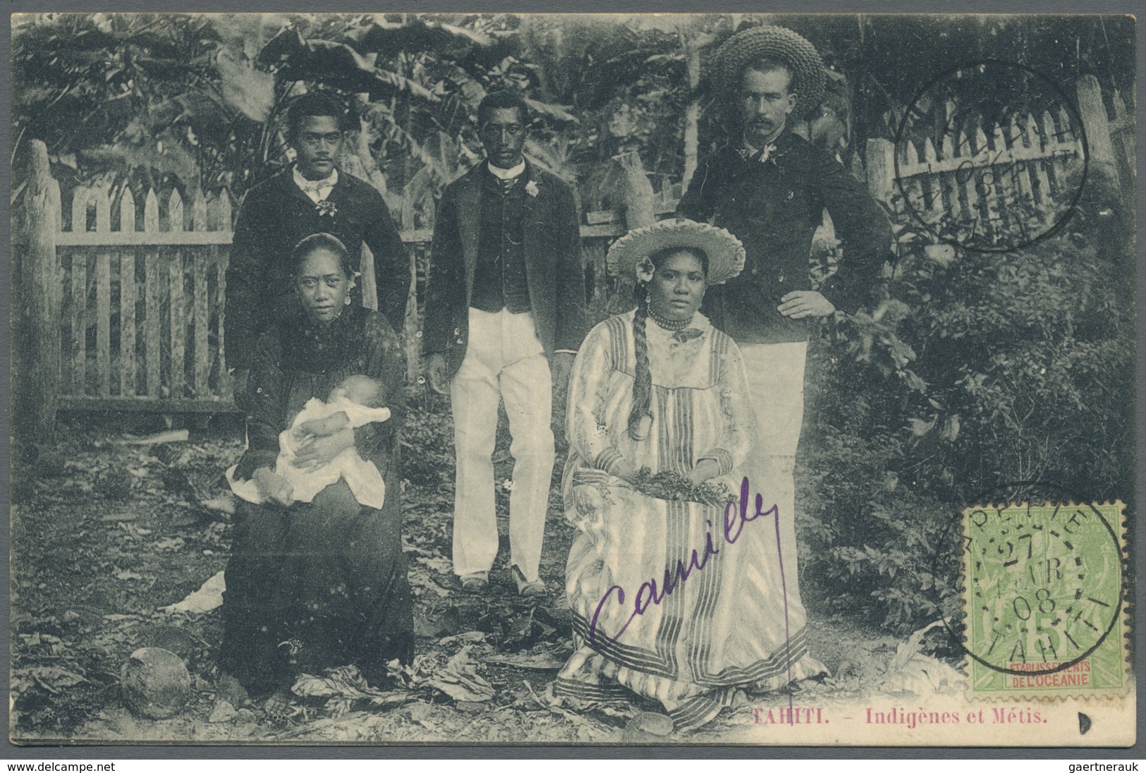 Br Tahiti: 1908. Picture Post Card Of 'lndigenes Et Metis' Addressed To France Bearing Oceanie Yvert 14 - Tahiti