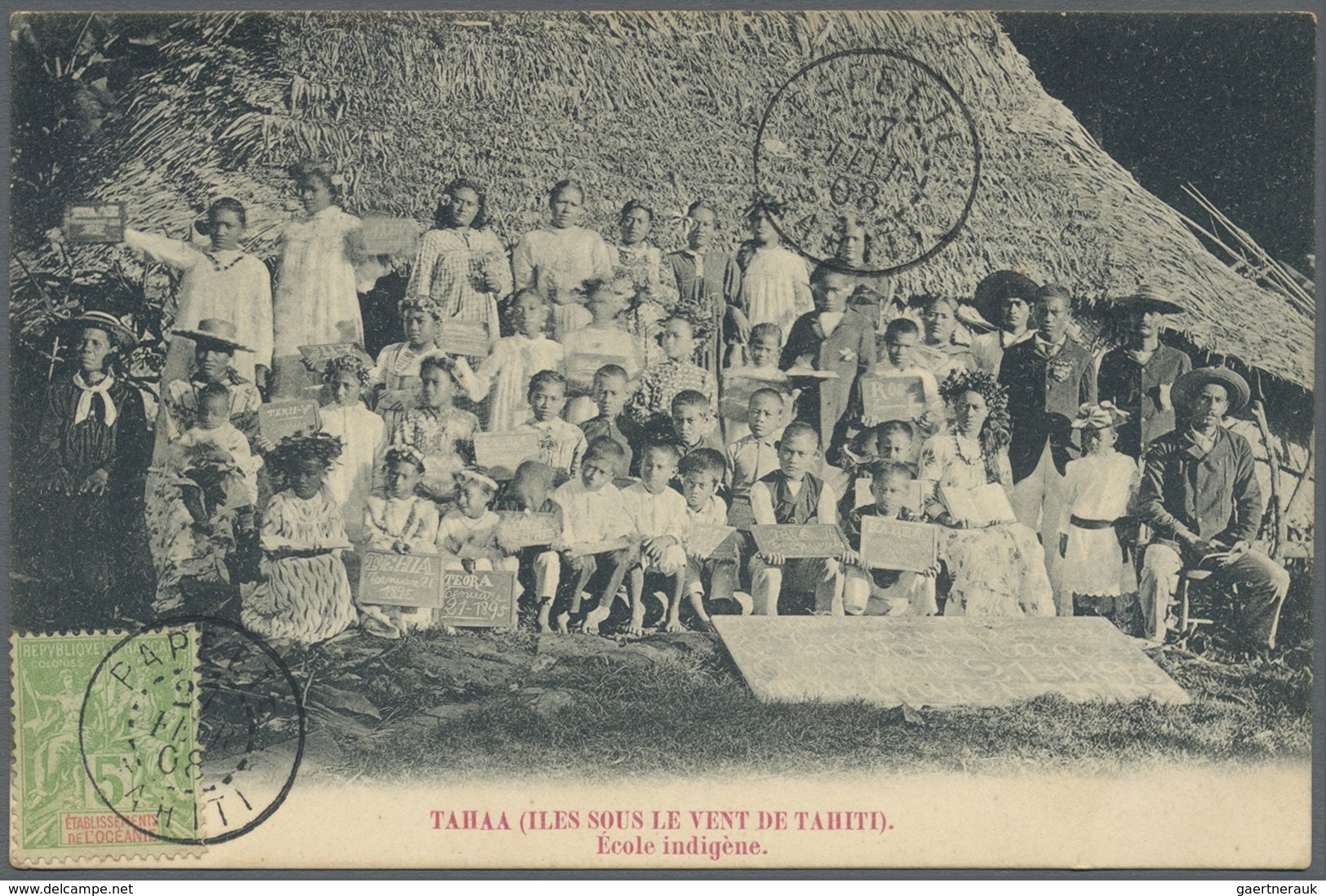 Br Tahiti: 1908. Picture Post Card Of 'Native School, Iles Sous Le Vent' Addressed To France Bearing Oc - Tahiti