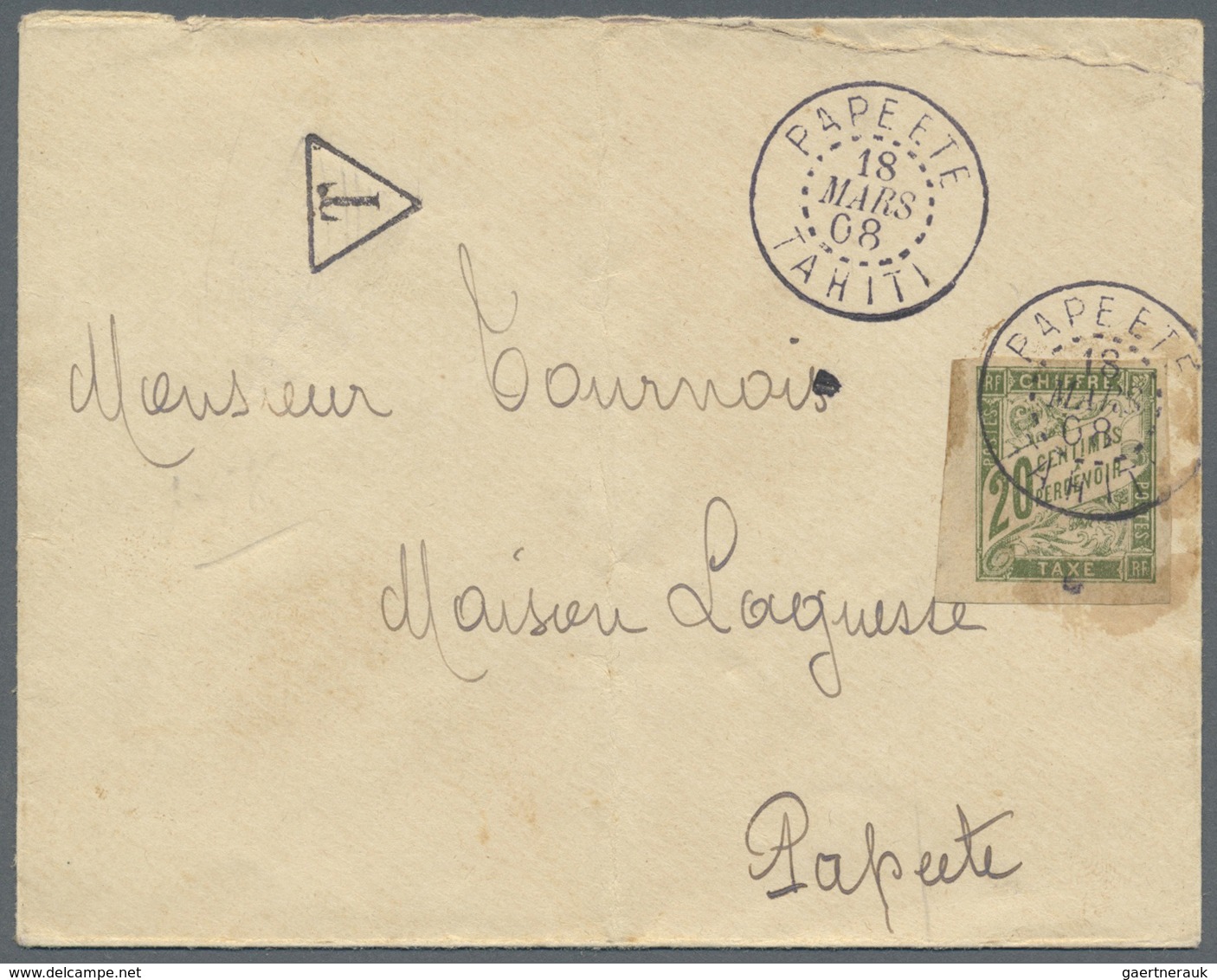 Br Tahiti: 1908. Unpaid Envelope (vertical Fold, Toned, Opening Faults) Addressed To Papeete With 'T' H - Tahiti