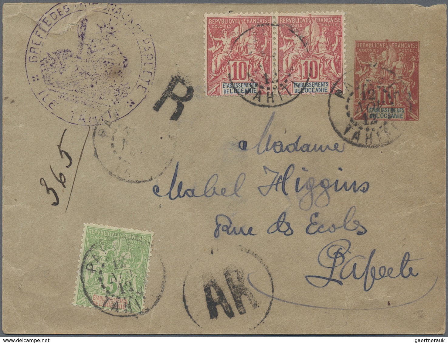 GA Tahiti: 1912. Etablissements De L'Oceane Postal Stationery Envelope 10c Red Upgraded With Oceanie Yv - Tahiti